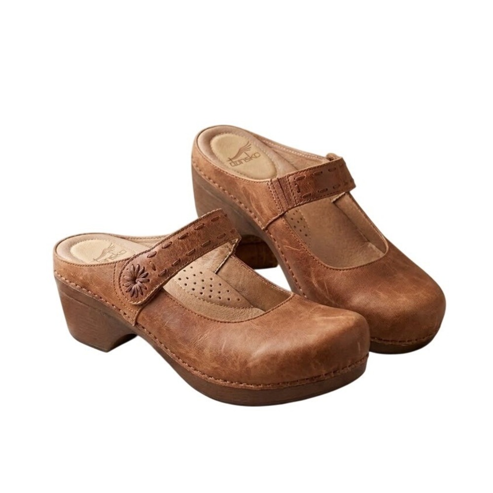 Dansko‎ Women Tan Leather Mary Jane Mules Clogs Floral Stitching Size 38